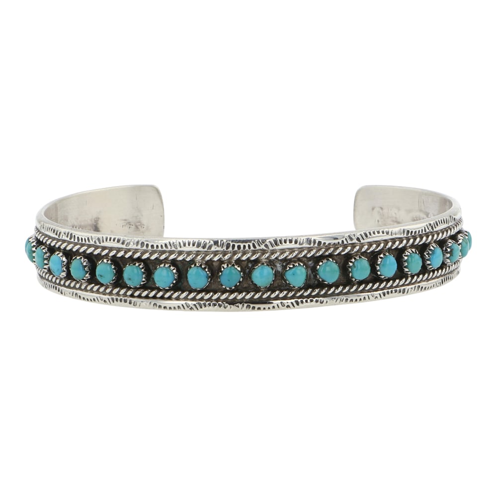 Marie Basselente Zuni Kingman Turquoise Row Bracelet: Sterling Silver | Genuine Kingman Turquoise | Marie Basselente Zuni Kingman Turquoise Row Bracelet | Zuni Native American Southwest Indian Jewelry | Good (no breaks or damages) | Approximate Weight: