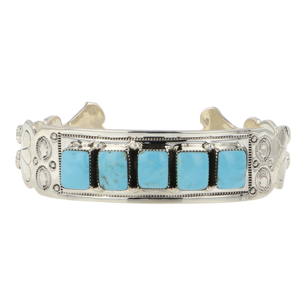 RB Navajo Campitos Turquoise Row Bracelet: Sterling Silver | Genuine Campitos Turquoise | RB Navajo Campitos Turquoise Row Bracelet | Navajo Native American Southwest Indian Jewelry | Good (no breaks or damages) | Approximate Weight: 33 Grams 