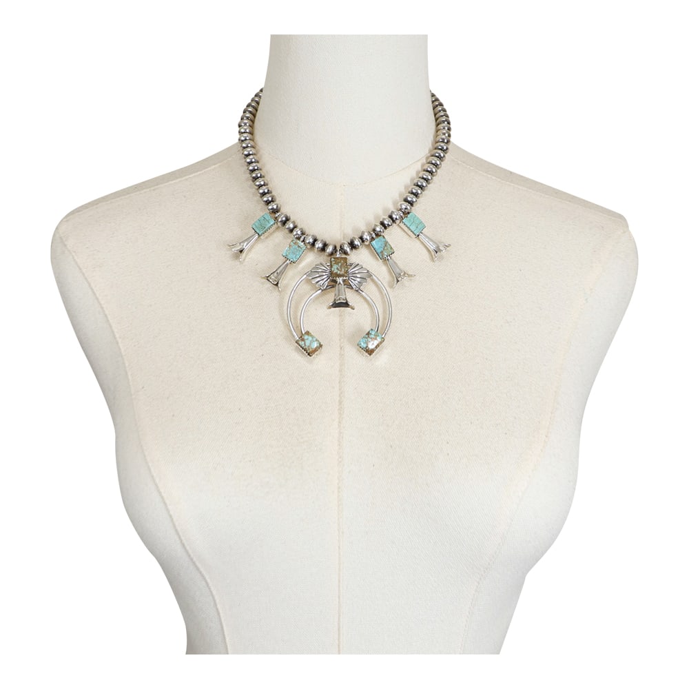 Navajo Number Eight Turquoise Small Squash Blossom Choker Necklace: Sterling Silver | Genuine Number Eight Turquoise | Navajo Number Eight Turquoise Small Squash Blossom Choker Necklace | Navajo Native American Southwest Indian Jewelry | Good (no breaks or damages) | 