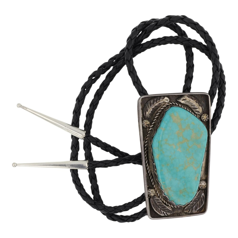Navajo Pilot Mountain Turquoise Freeform Bolo Tie: Sterling Silver | Genuine Pilot Mountain Turquoise | Navajo Pilot Mountain Turquoise Freeform Bolo Tie | Navajo Native American Southwest Indian Jewelry | Good (no breaks or damages) | Approximate Wei