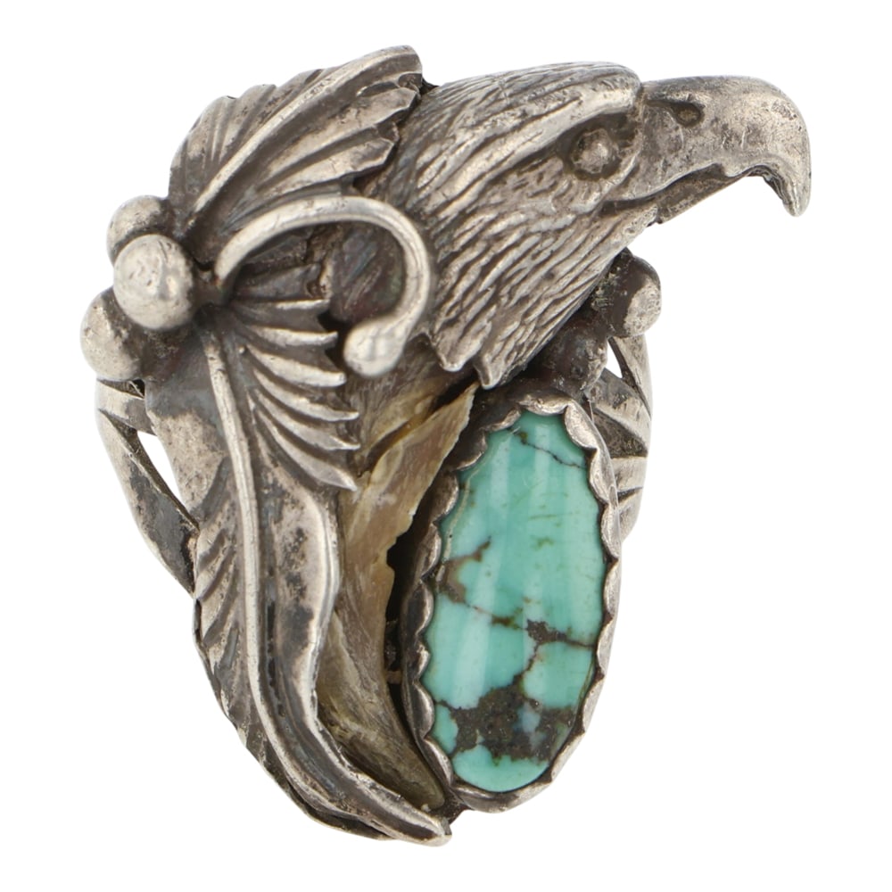 Vintage Navajo Nevada Turquoise Eagle Ring: Sterling Silver | Genuine Nevada Turquoise | Vintage Navajo Nevada Turquoise Eagle Ring | Navajo Native American Southwest Indian Jewelry | Good (no breaks or damages) | Approximate Weight: 14 Grams |