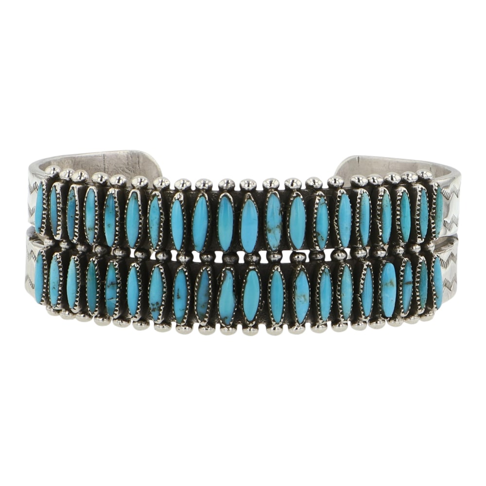 Vintage Zuni Kingman Turquoise Needlepoint Two Row Bracelet: Sterling Silver | Genuine Kingman Turquoise | Vintage Zuni Kingman Turquoise Needlepoint Two Row Bracelet | Zuni Native American Southwest Indian Jewelry | Good (no breaks or damages) | Approximate We