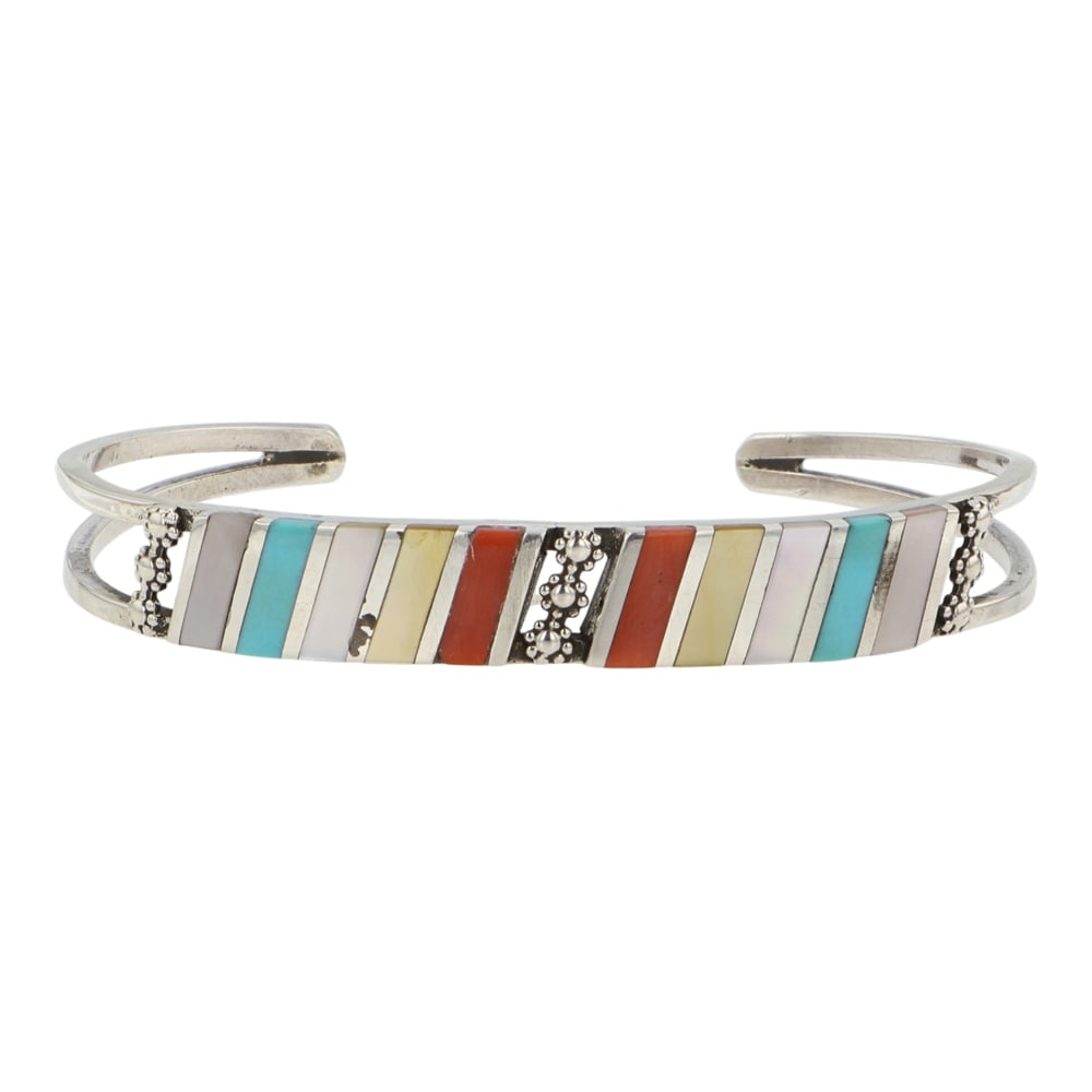 Zuni Turquoise Coral MoP & Shell Inlay Bracelet: Sterling Silver | Genuine Turquoise, Coral, Mother of Pearl & Shell | Zuni Turquoise Coral MoP & Shell Inlay Bracelet | Navajo Native American Southwest Indian Jewelry | Good (no breaks or damages) | 