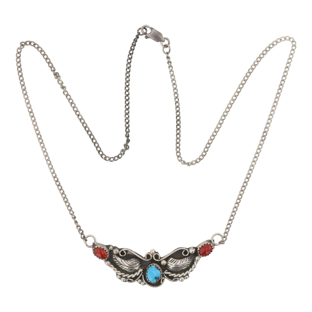 Vintage Navajo Turquoise & Coral Choker Necklace: Sterling Silver | Genuine Turquoise & Coral | Vintage Navajo Turquoise & Coral Choker Necklace | Navajo Native American Southwest Indian Jewelry | Good (no breaks or damages) | Approximate Weight: 7 G
