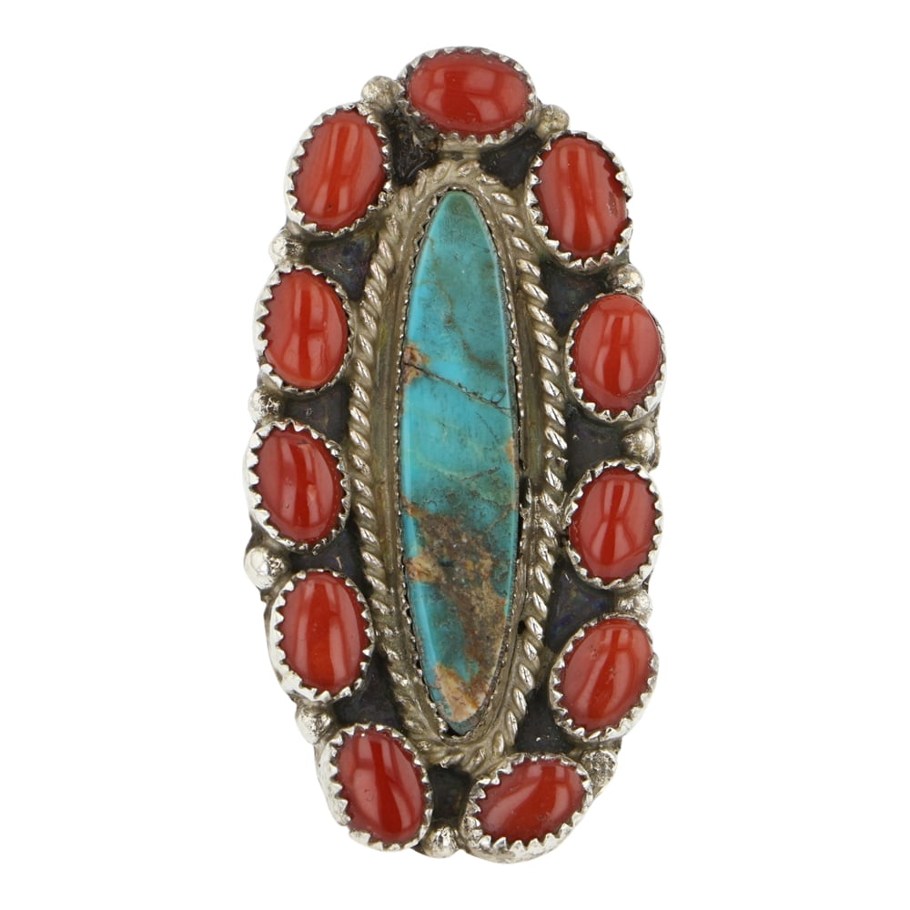 Navajo Turquoise & Coral Adjustable Ring: Sterling Silver | Genuine Turquoise & Coral | Navajo Turquoise & Coral Adjustable Ring | Navajo Native American Southwest Indian Jewelry | Good (no breaks or damages) | Approximate Weight: 12 Grams | 
