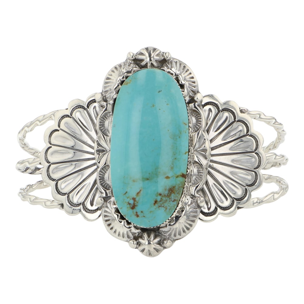 RB Navajo Campitos Turquoise Cuff Bracelet: Sterling Silver | Genuine Campitos Turquoise | RB Navajo Campitos Turquoise Cuff Bracelet | Navajo Native American Southwest Indian Jewelry | Good (no breaks or damages) | Approximate Weight: 40 Grams
