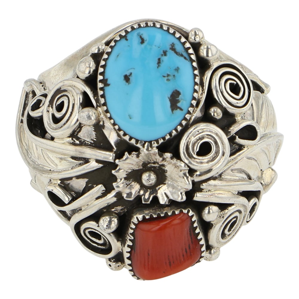 RB Navajo Turquoise & Coral Ring: Sterling Silver | Genuine Turquoise & Coral | RB Navajo Turquoise & Coral Ring | Navajo Native American Southwest Indian Jewelry | Good (no breaks or damages) | Approximate Weight: 24 Grams | Ring: 11