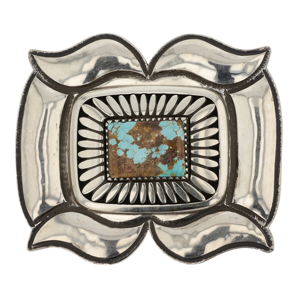 Allison "Snowhawk" Lee (1958-2022) Award Winning Navajo Artist Number Eight Turquoise Belt Buckle: Sterling Silver | Genuine Number Eight Turquoise | Allison "Snowhawk" Lee (1958-2022) Award Winning Navajo Artist Number Eight Turquoise Belt Buckle | Navajo Native American Southwest Indian Jewelry |