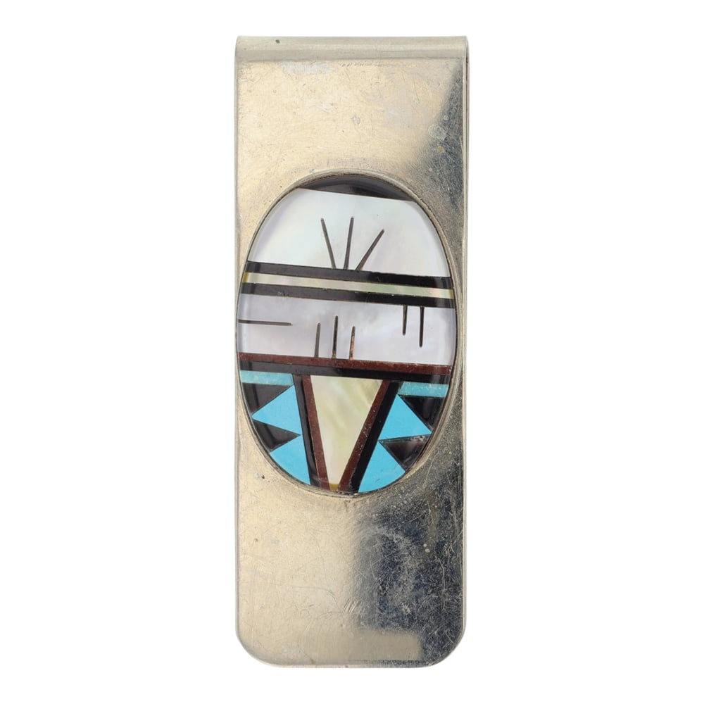 Zuni Turquoise Coral Mother of Pearl & Acoma Jet Inlay Money Clip: Sterling Silver | Genuine Turquoise, Coral, Mother of Pearl & Acoma Jet | Zuni Turquoise Coral Mother of Pearl & Acoma Jet Inlay Money Clip | Zuni Native American Southwest Indian Jewelry | Good (no b