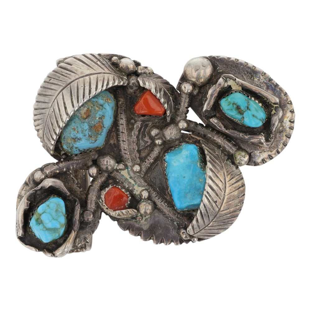 Vintage Navajo Turquoise & Coral Freeform Shaped Belt Buckle: Sterling Silver | Genuine Turquoise & Coral | Vintage Navajo Turquoise & Coral Freeform Shaped Belt Buckle | Navajo Native American Southwest Indian Jewelry | Good (no breaks or damages) | Approximate
