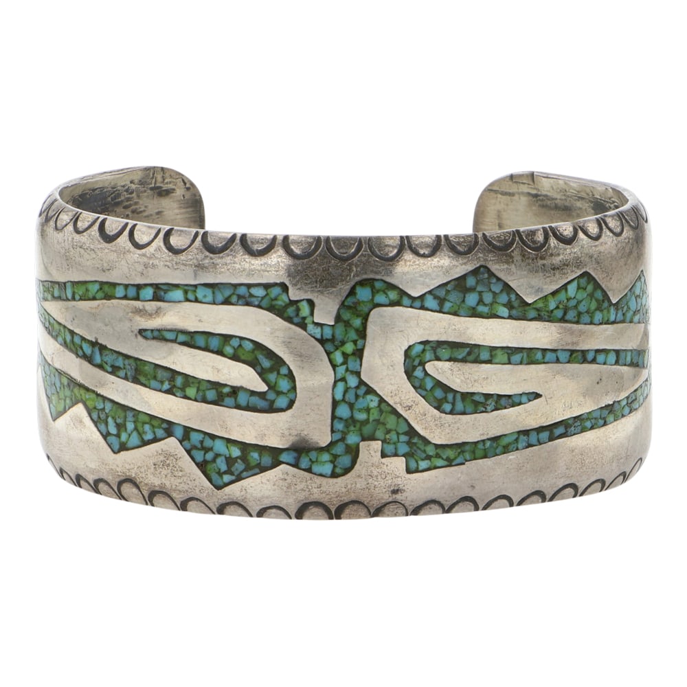 Vintage Navajo Turquoise Chip Inlay Bracelet: Sterling Silver | Genuine Turquoise | Vintage Navajo Turquoise Chip Inlay Bracelet | Navajo Native American Southwest Indian Jewelry | Good (no breaks or damages) | Approximate Weight: 46 Grams | Brac
