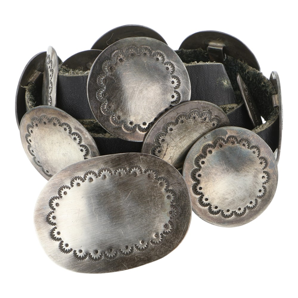 Vintage Navajo Stamp-Work Concho Belt: Sterling Silver | | Vintage Navajo Stamp-Work Concho Belt | Navajo Native American Southwest Indian Jewelry | Good (no breaks or damages) | Approximate Weight: 167 Grams | Belt: 28" length, 2.25" x 1.