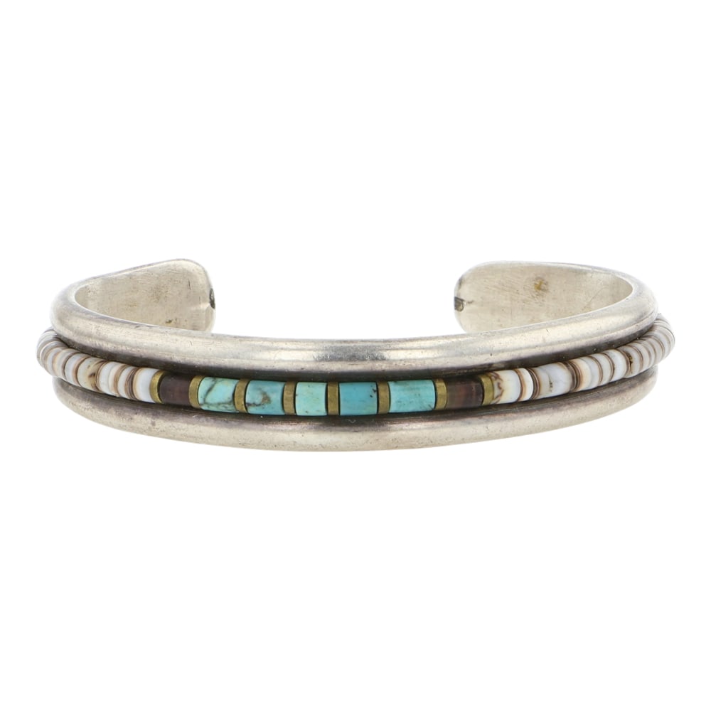 Pete Sierra Vintage Navajo Student of Charles Loloma Turquoise Coral & Shell Cuff Bracelet (1 of 4)