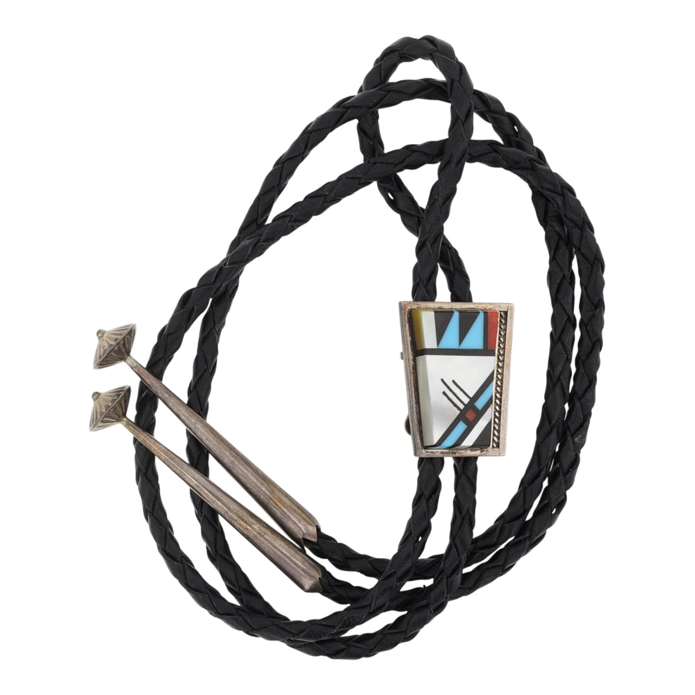 Vintage Zuni Turquoise Coral Mother of Pearl & Acoma Jet Inlay Zuni Bolo Tie: Sterling Silver | Genuine Turquoise, Corla, Mother of Pearl & Acoma Jet | Vintage Zuni Turquoise Coral Mother of Pearl & Acoma Jet Inlay Zuni Bolo Tie | Zuni Native American Southwest Indian Jewelry |