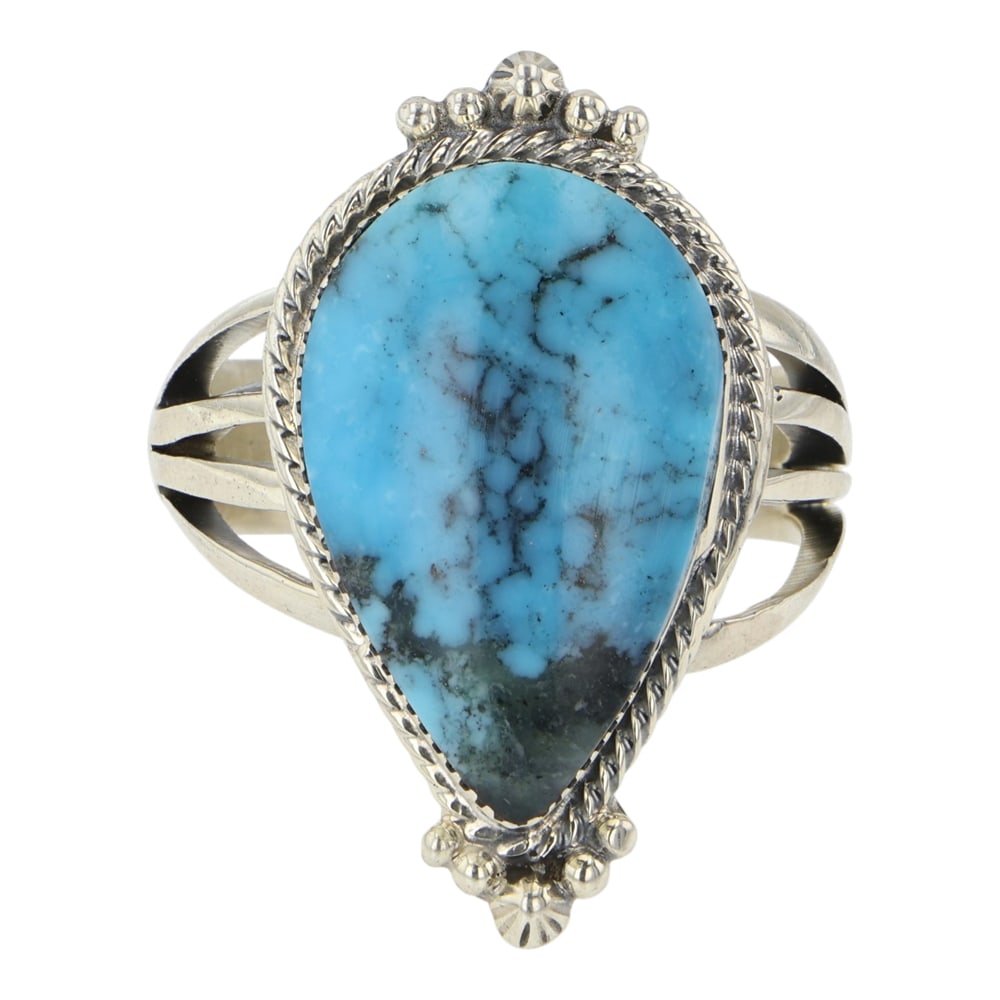 RB Navajo Nacozari Turquoise Ring: Sterling Silver | Genuine Nacozari Turquoise | RB Navajo Nacozari Turquoise Ring | Navajo Native American Southwest Indian Jewelry | Good (no breaks or damages) | Approximate Weight: 12 Grams | Ring: 