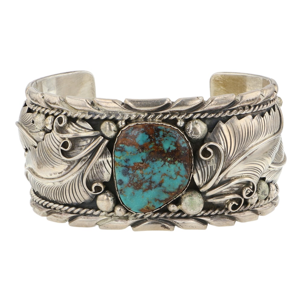 Mathew Tsosie Navajo Pilot Mountain Turquoise Traditional Beadwork Large Cuff Bracelet: Sterling Silver | Genuine Pilot Mountain Turquoise | Mathew Tsosie Navajo Pilot Mountain Turquoise Traditional Beadwork Large Cuff Bracelet | Navajo Native American Southwest Indian Jewelry | Good (no