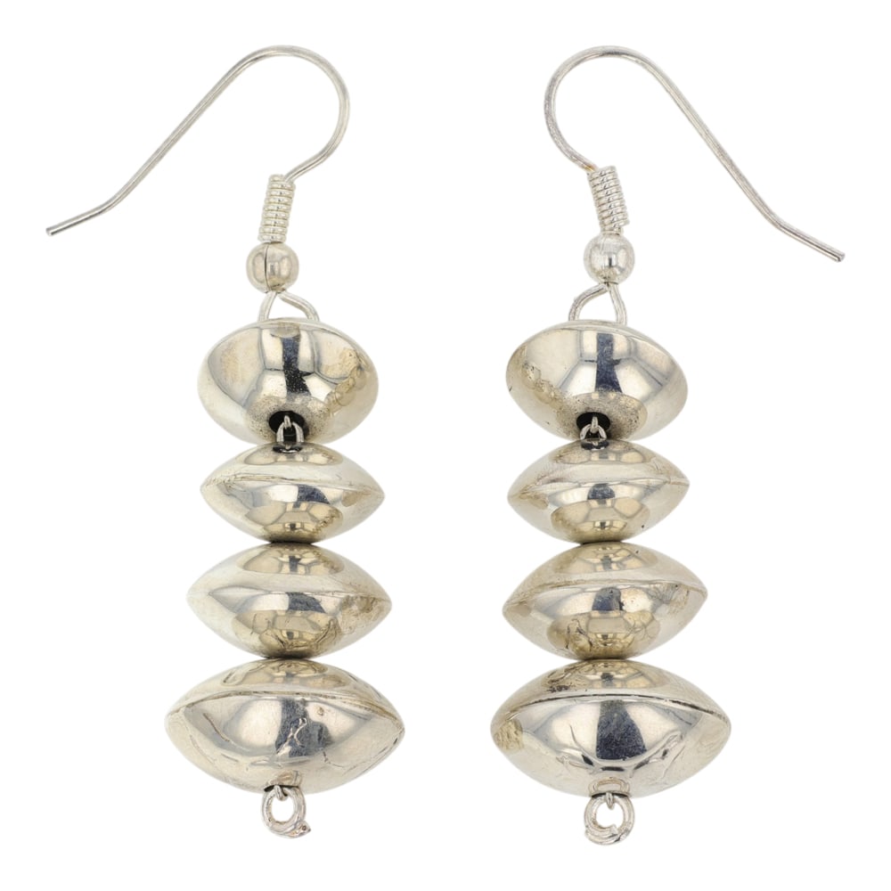 Navajo Bench Beads Earrings: Sterling Silver | | Navajo Bench Beads Earrings | Navajo Native American Southwest Indian Jewelry | Good (no breaks or damages) | Approximate Weight: 7 Grams | Earrings: 1.5" x .5" each |