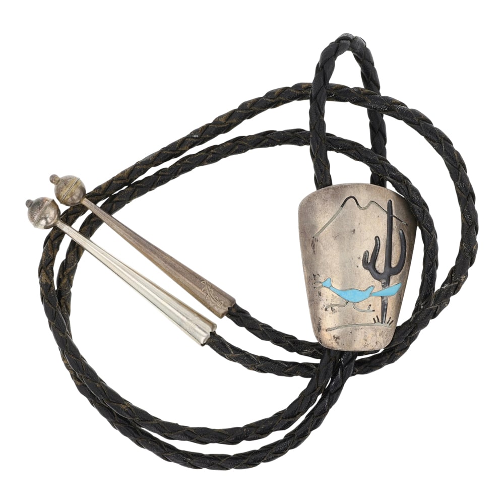 Vintage Navajo Turquoise Roadrunner Bolo Tie: Sterling Silver | Genuine Turquoise | Vintage Navajo Turquoise Roadrunner Bolo Tie | Navajo Native American Southwest Indian Jewelry | Good (no breaks or damages) | Approximate Weight: 25 Grams | Bolo