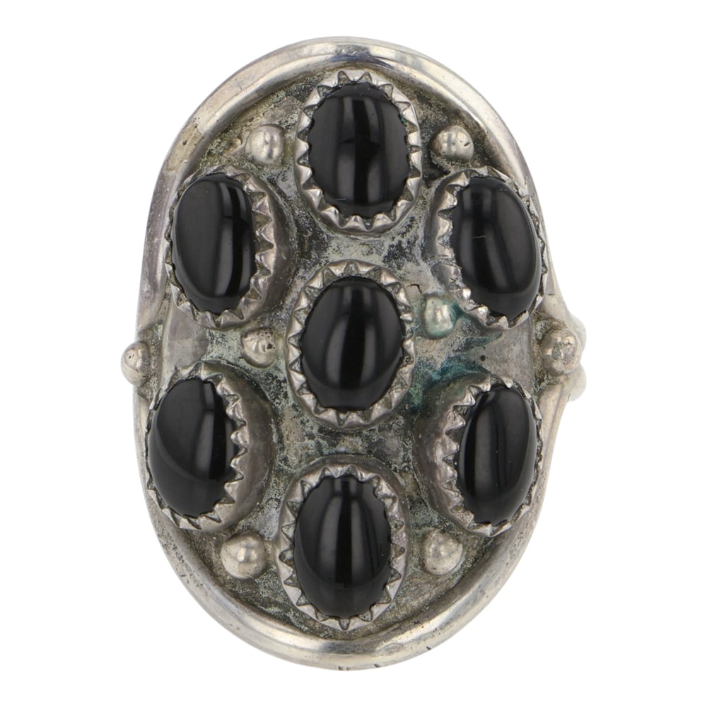 Navajo Black Onyx Knuckle Ring: Sterling Silver | Genuine Black Onyx | Navajo Black Onyx Knuckle Ring | Navajo Native American Southwest Indian Jewelry | Good (no breaks or damages) | Approximate Weight: 6 Grams | Ring: 8 size, 1" x