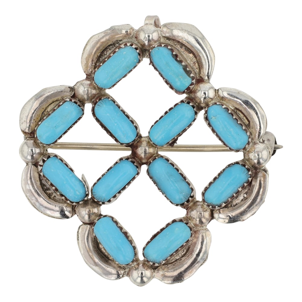 Zuni Sleeping Beauty Turquoise Pin/ Pendant: Sterling Silver | Genuine Sleeping Beauty Turquoise | Zuni Sleeping Beauty Turquoise Pin/ Pendant | Zuni Native American Southwest Indian Jewelry | Good (no breaks or damages) | Approximate Weight: 4 