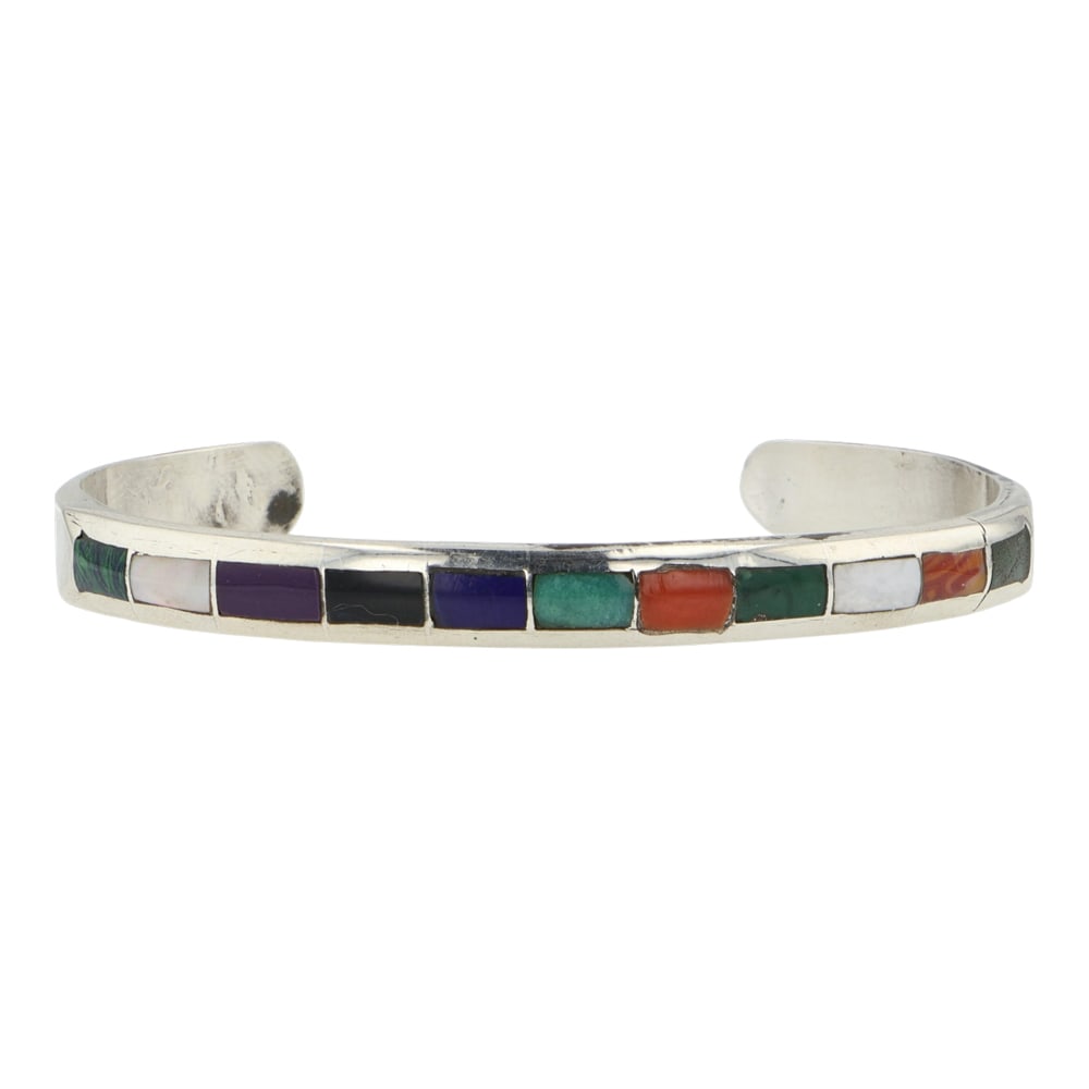 Zuni Turquoise Coral Malachite Mother of pearl Shell & Lapis Inlay Bracelet: Sterling Silver | Genuine Turquoise, Coral, Malachite, Mother of Pearl, Shell & Lapis | Zuni Turquoise Coral Malachite Mother of pearl Shell & Lapis Inlay Bracelet | Zuni Native American Southwest Ind