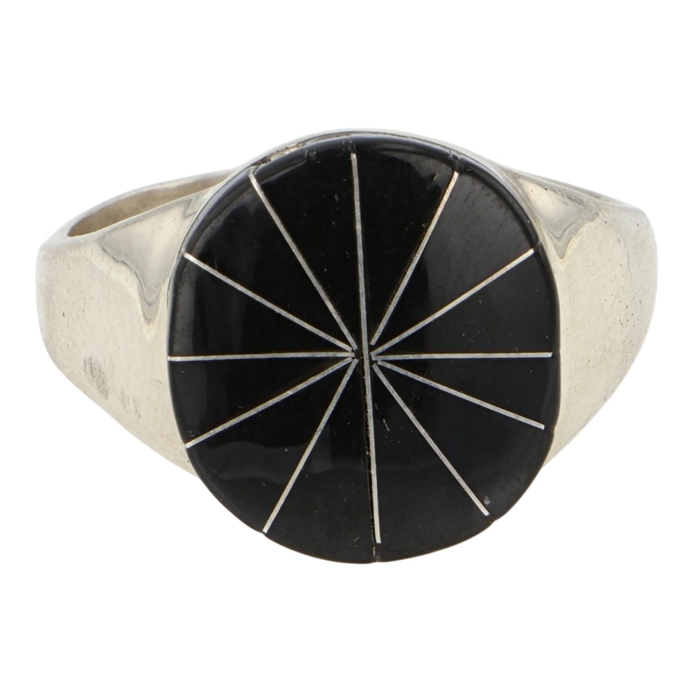 Zuni Acoma Jet Inlay Ring: Sterling Silver | Genuine Acoma Jet | Zuni Acoma Jet Inlay Ring | Zuni Native American Southwest Indian Jewelry | Good (no breaks or damages) | Approximate Weight: 7 Grams | Ring: 10.5 size, .5" x .5"