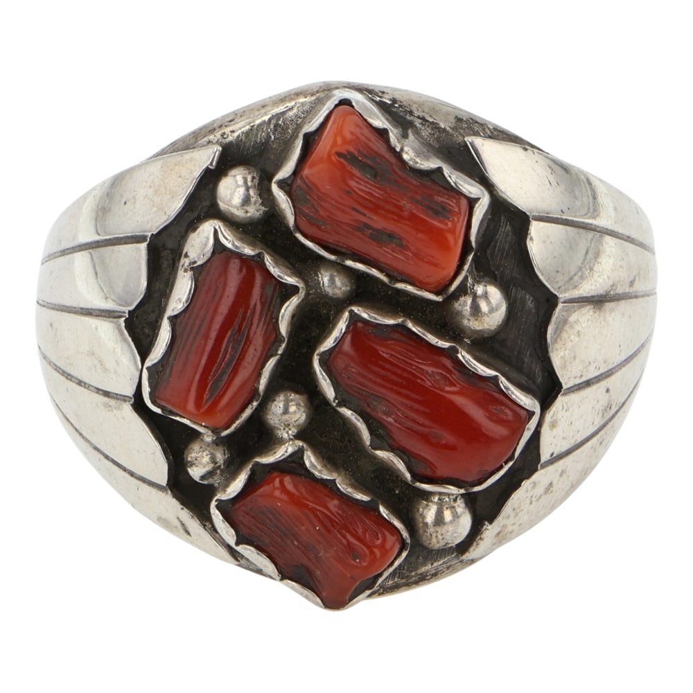 Navajo Mediterranean Coal Freeform Ring: Sterling Silver | Genuine Mediterranean Coral | Navajo Mediterranean Coal Freeform Ring | Navajo Native American Southwest Indian Jewelry | Good (no breaks or damages) | Approximate Weight: 16 Grams |