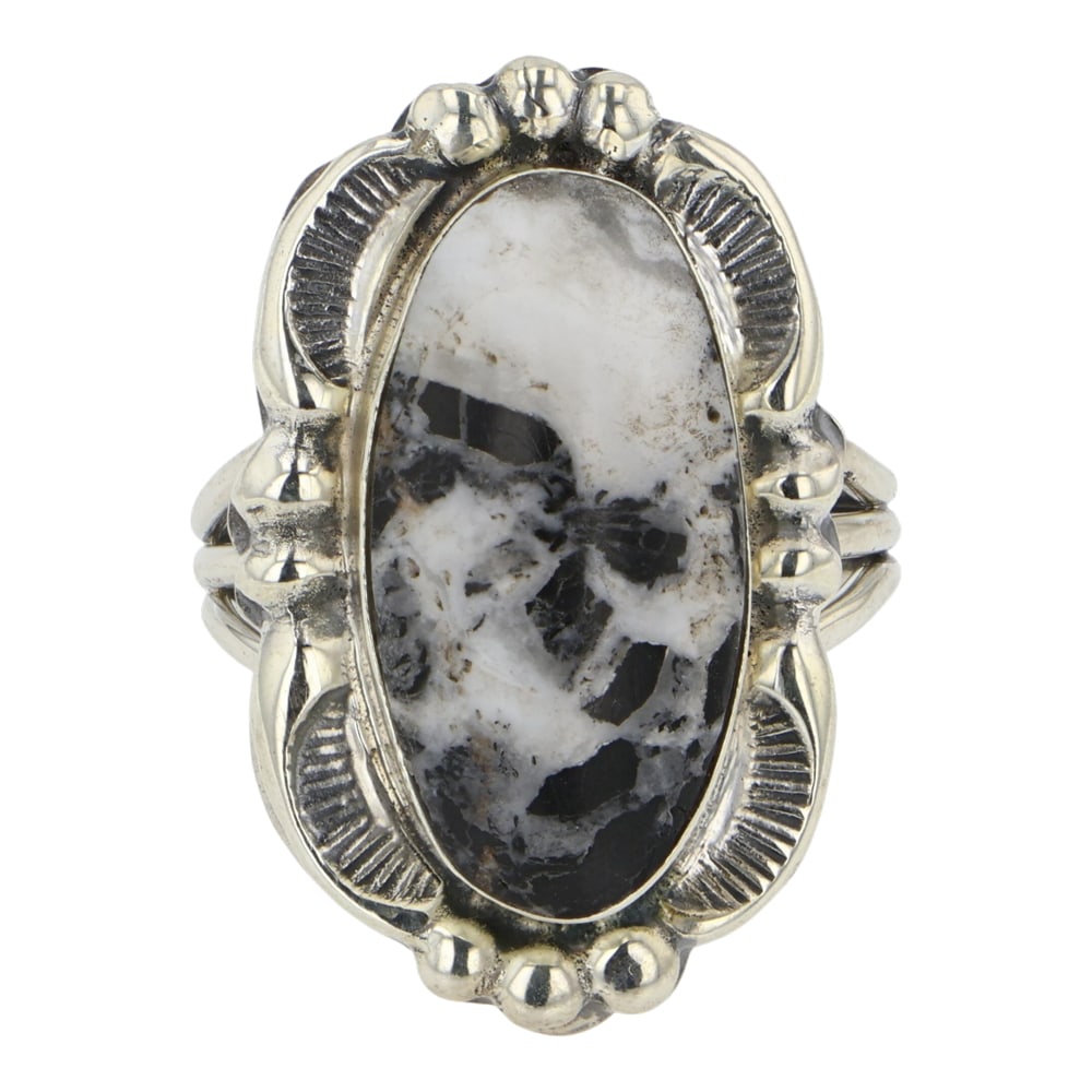 Navajo White Buffalo Ring: Sterling Silver | Genuine White Buffalo | Navajo White Buffalo Ring | Navajo Native American Southwest Indian Jewelry | Good (no breaks or damages) | Approximate Weight: 8 Grams | Ring: 7 size, 1" x .