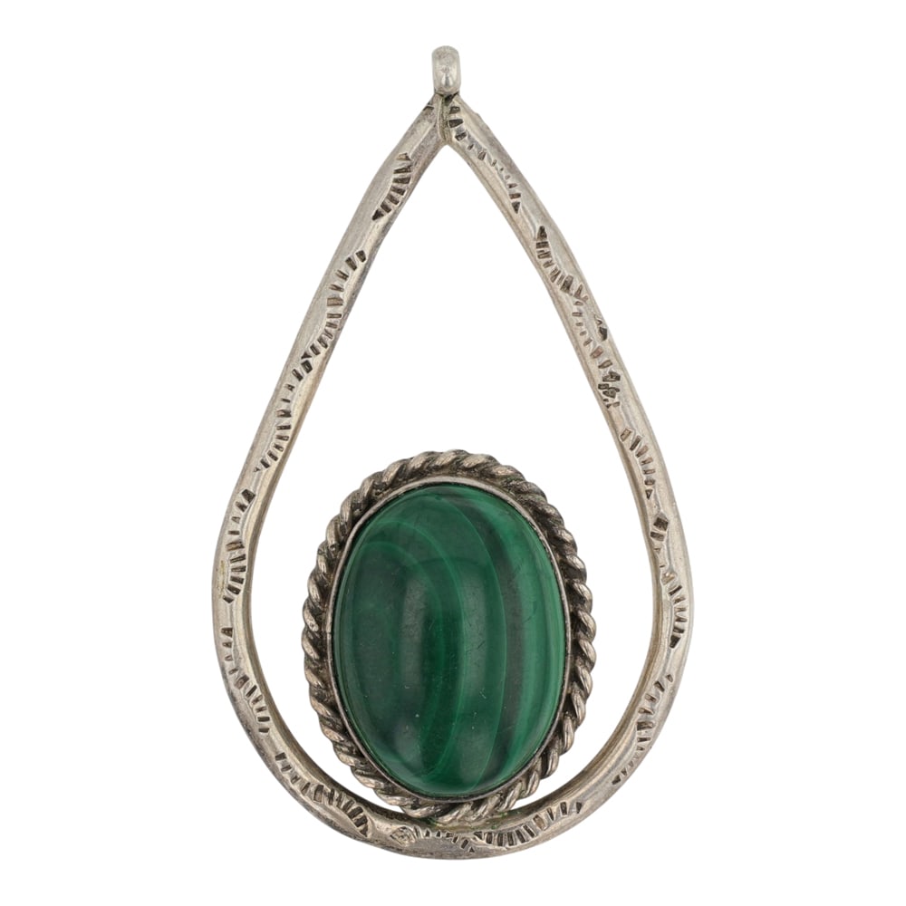 Vintage Navajo Malachite Pendant: Sterling Silver | Genuine Malachite | Vintage Navajo Malachite Pendant | Navajo Native American Southwest Indian Jewelry | Good (no breaks or damages) | Approximate Weight: 10 Grams | Pendant: 2" x 1.