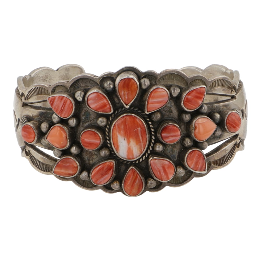 Aaron Toadlena Award Winning Navajo Spiny Oyster Cluster Stamp-Work Bracelet: Sterling Silver | Genuine Spiny Oyster | Aaron Toadlena Award Winning Navajo Spiny Oyster Cluster Stamp-Work Bracelet | Navajo Native American Southwest Indian Jewelry | Good (no breaks or damages) | 