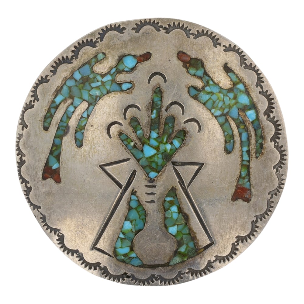 Vintage Navajo Turquoise & Coral Chip Inlay Peyote Bird Pin / Pendant: Sterling Silver | Genuine Turquoise & Coral | Vintage Navajo Turquoise & Coral Chip Inlay Peyote Bird Pin / Pendant | Navajo Native American Southwest Indian Jewelry | Good (no breaks or damages) | Ap
