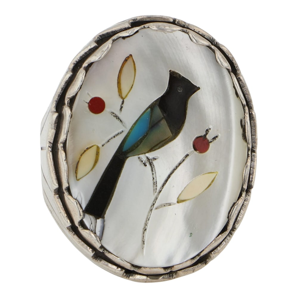 Vintage Zuni Turquoise Coral & Mother of Pearl Inlay Ring: Sterling Silver | Genuine Turquoise, Coral & Mother of Pearl | Vintage Zuni Turquoise Coral & Mother of Pearl Inlay Ring | Zuni Native American Southwest Indian Jewelry | Good (no breaks or damages) |