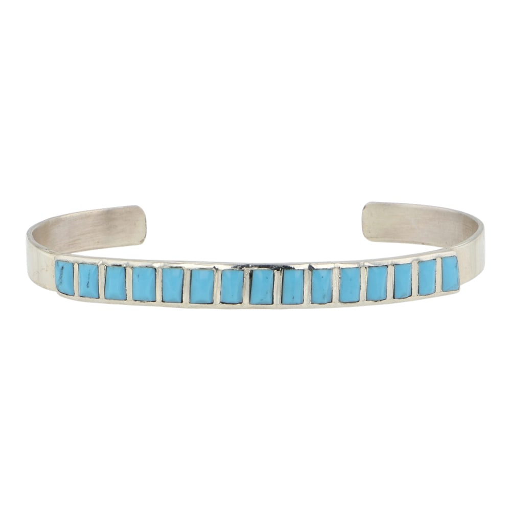 Zuni Turquoise Inlay Bracelet: Sterling Silver | Genuine Turquoise | Zuni Turquoise Inlay Bracelet | Zuni Native American Southwest Indian Jewelry | Good (no breaks or damages) | Approximate Weight: 10Grams | Bracelet: 5.25" inner,