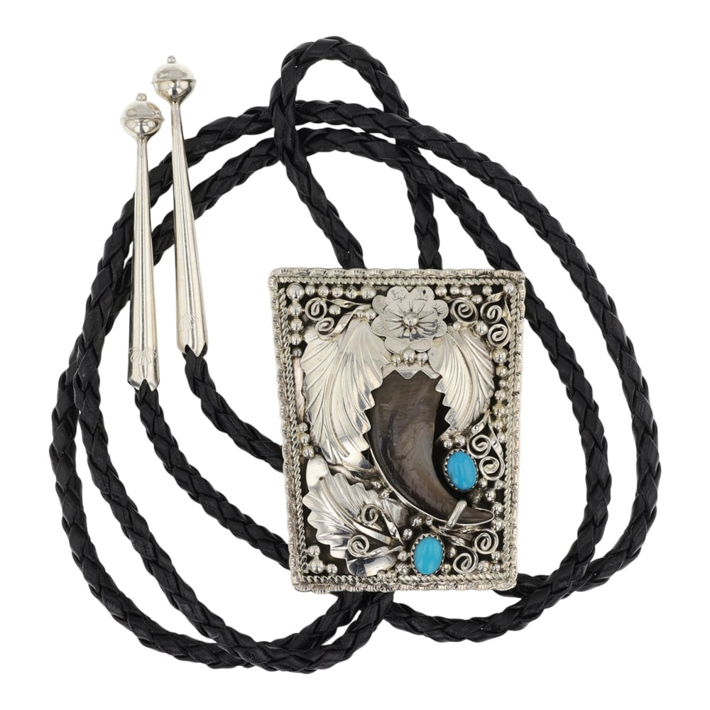 Gary Edwards Navajo Kingman Turquoise Bearclaw Bolo Tie: Sterling Silver | Genuine Kingman Turquoise | Gary Edwards Navajo Kingman Turquoise Bearclaw Bolo Tie | Navajo Native American Southwest Indian Jewelry | Good (no breaks or damages) | Approximate Weig