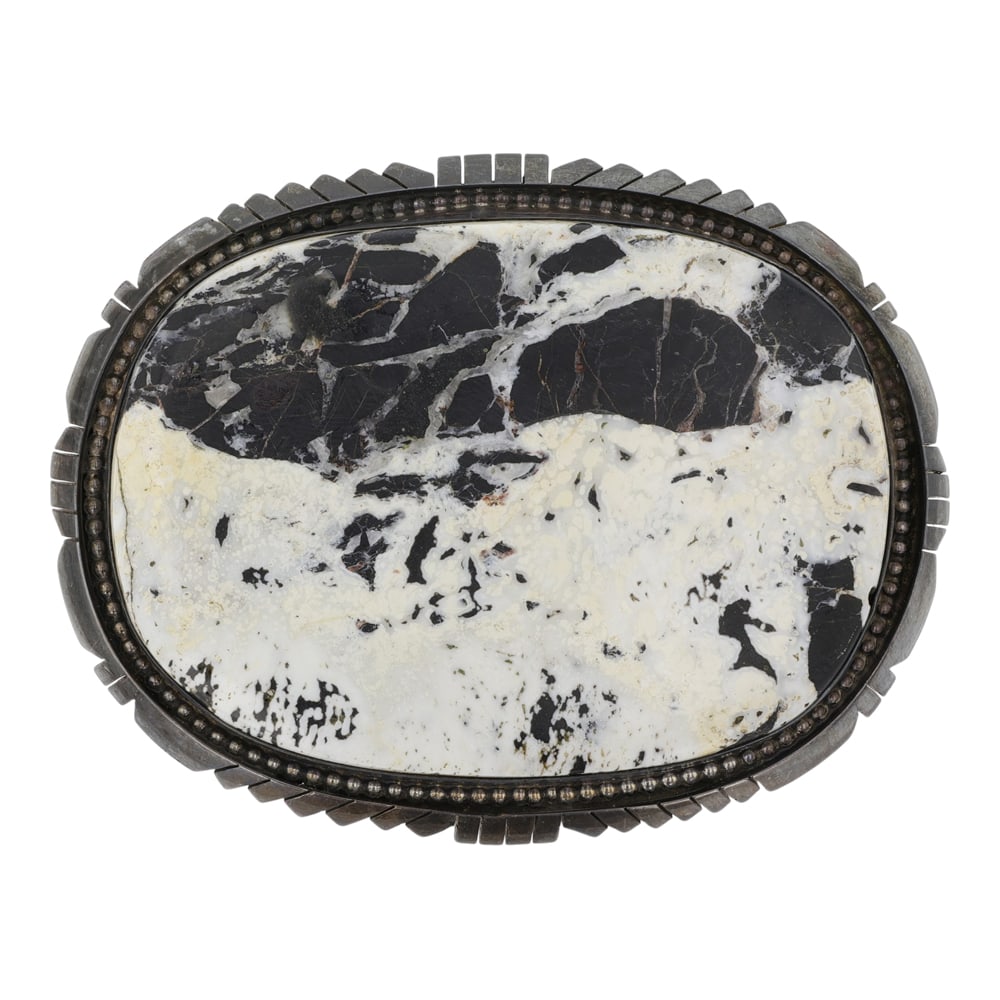 Eddie Secatero Navajo White Buffalo Large Belt Buckle: Sterling Silver | Genuine White Buffalo | Eddie Secatero Navajo White Buffalo Large Belt Buckle | Navajo Native American Southwest Indian Jewelry | Good (no breaks or damages) | Approximate Weight: 12