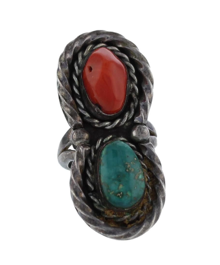 Sterling Silver Antique Turquoise & Coral Ring Navajo (1 of 1)