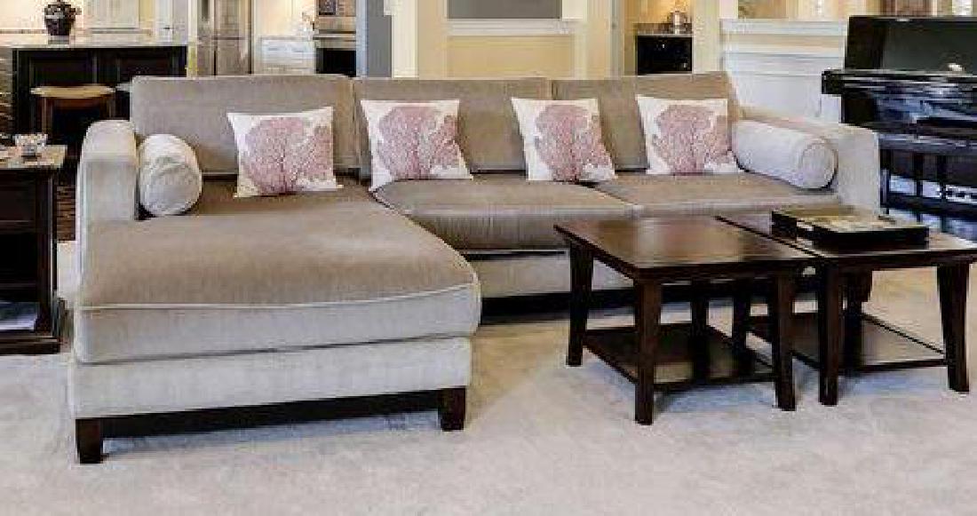 Custom Tempurpedic Precedent Sectional Sofa: Exquisite, high-end custom ordered Precedent / Sherrill tempurpedic sectional sofa with beautiful soft velvet khaki fabric and contrast herringbone brown piping. The tailored square arms and deta