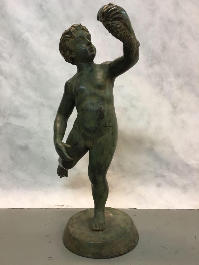 Bronze fountain, standing boy with fish\",Bronze: boy standing on one leg with fish\ in one hand. Fabulous patina. For indoor outdoor use and fountain. Size: 18â€ x 18â€ x 31â€H "