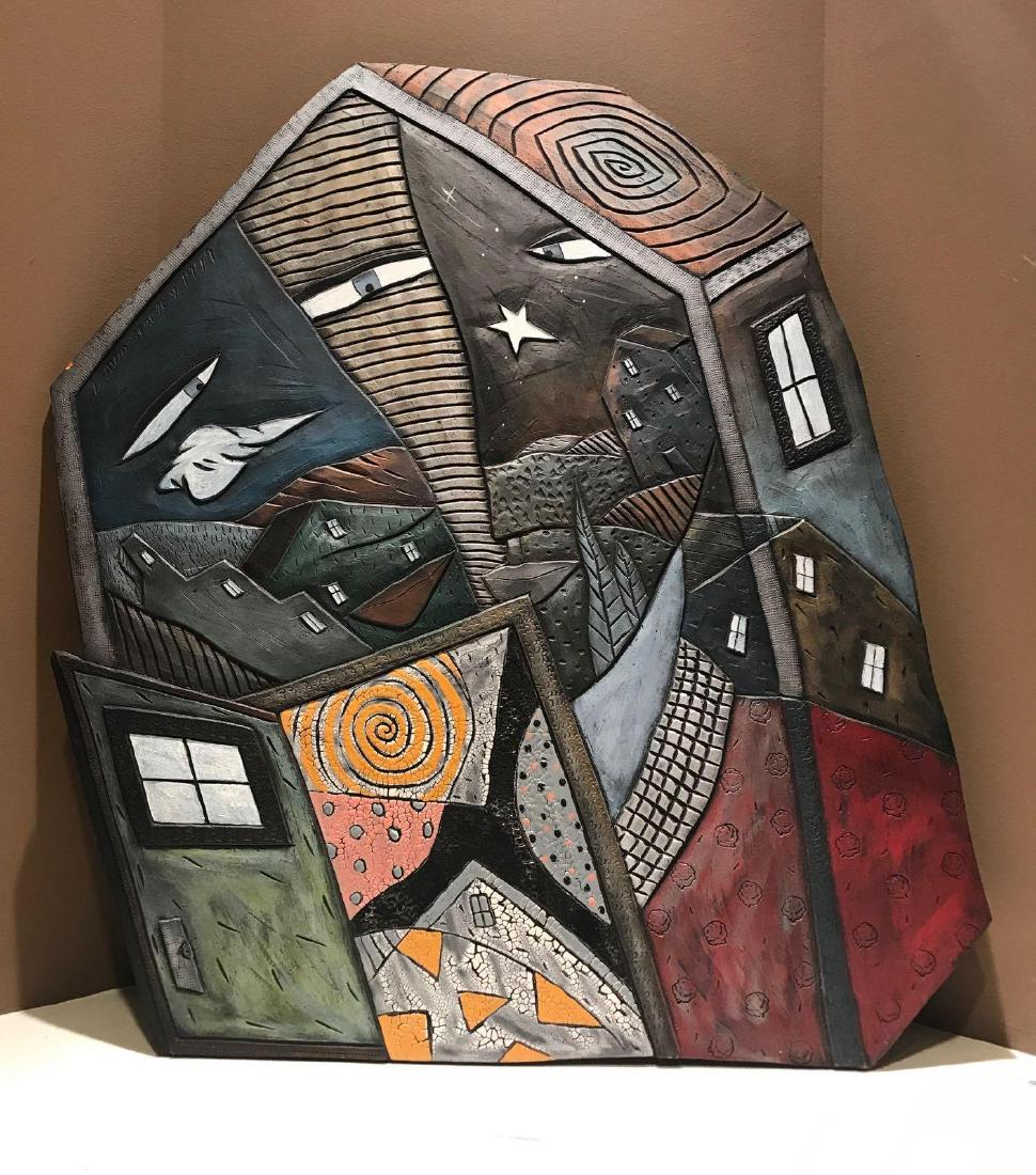 Unusual Dimentional Art Piece: Unusual Dimensional Ceramic Art Piece by David Stabley, 1999. Fantastic design, textures and detail. A great piece for display. Approx Size: 19" x 21.5"H 