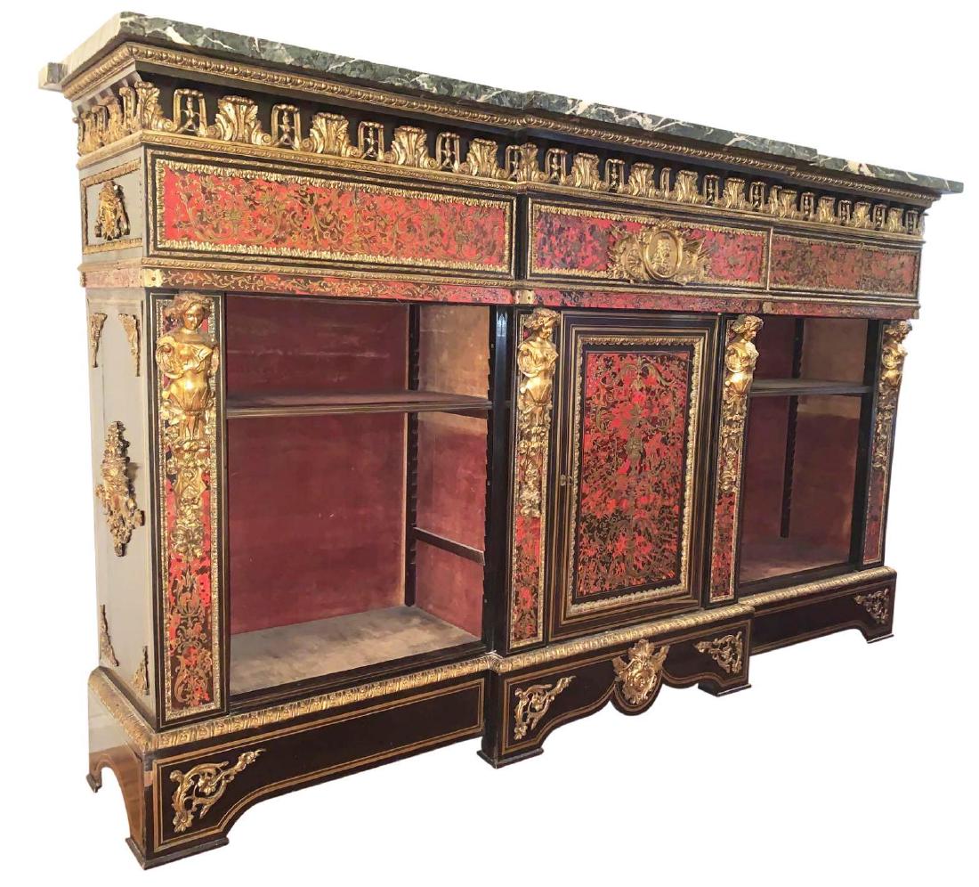 Rare, Italian Boulle Sideboard with green marble top: Rare Boulle Sideboard with green marble top. Three drawers, one door with two side display cabinets. Louis XV marquetry in ebonized wood, tortoise shell inlay and ornate gilt bronze mounts. The finest