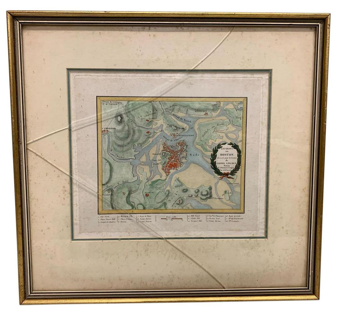Environs de Boston Map - Perrot, Aristide Michel c.1825: This small map shows block-level detail of the city of Boston, with 18 buildings and landmarks in the area noted under the map. Locates Cambridge, Charlestown, Bunker Hill and Harvard. The map was dra
