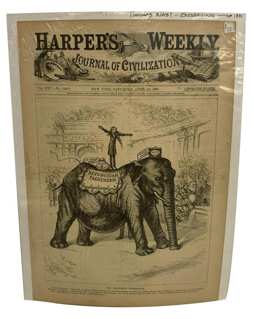 Thomas Nast engraving from April 16, 1881 Harper's: Thomas Nast engraving from April 16, 1881 Harper's Weekly Journal of Civilization Vol. XXV - No. 1268 12Ã¢€Â x 16Ã¢€Â H **Age appropriate condition, as seen in photos
