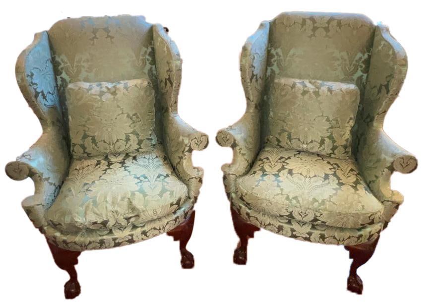 Silk Chippendale Upholstered Wing Back Chairs, Custom Commissioned, Irion Furniture Co, Pair (1 of 5)