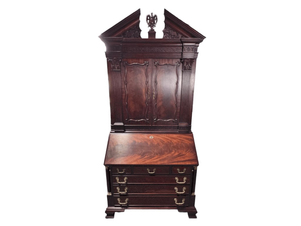 Henkel Harris Mahogany secretary desk featuring a finely carved pediment with intricate scrollwork a (1 of 20)