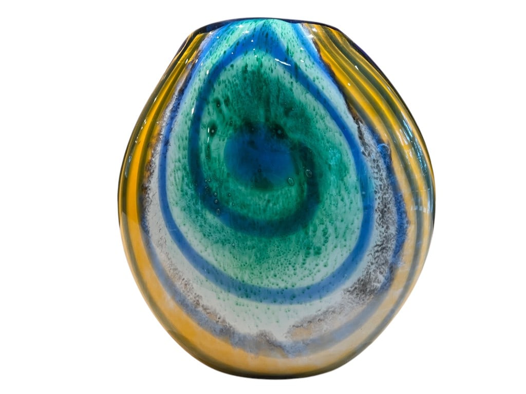 Freeform blown glass vase displaying concentric internal swirls of cobalt blue, teal-green and amber (1 of 4)