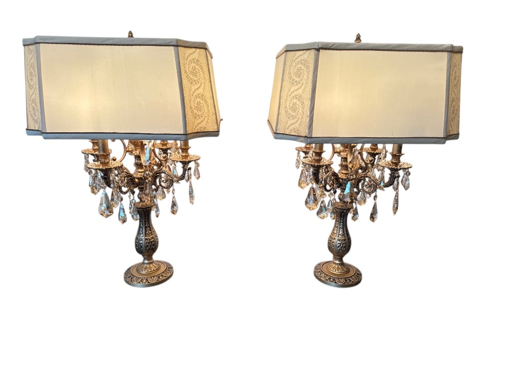 $2,500+ Schonbek 24% Lead Crystal Table Lamp Pair with Stunning Fabric Shades, 29"H: The absolute finest! Schonbek 24% lead colored crystal table lamps with intricately detailed bases. These elegant lamps feature cascading crystal drops and ornate brass accents, adding a touch of soph