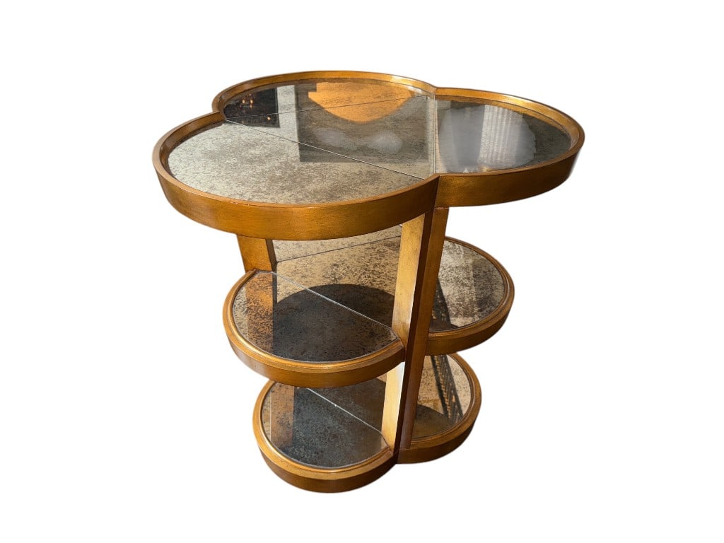 $4,000+ Rue Royale Marge Carson Clover-Shaped Gilt and Antiqued Mirror Three-Tier Tall Table, 36"H: $4,000+ Rue Royale Marge Carson Clover-Shaped Gilt and Antiqued Mirror Three-Tier Tall Table Featuring a distinctive clover-shaped silhouette and three tiers, each topped with antiqued mirrored glass.