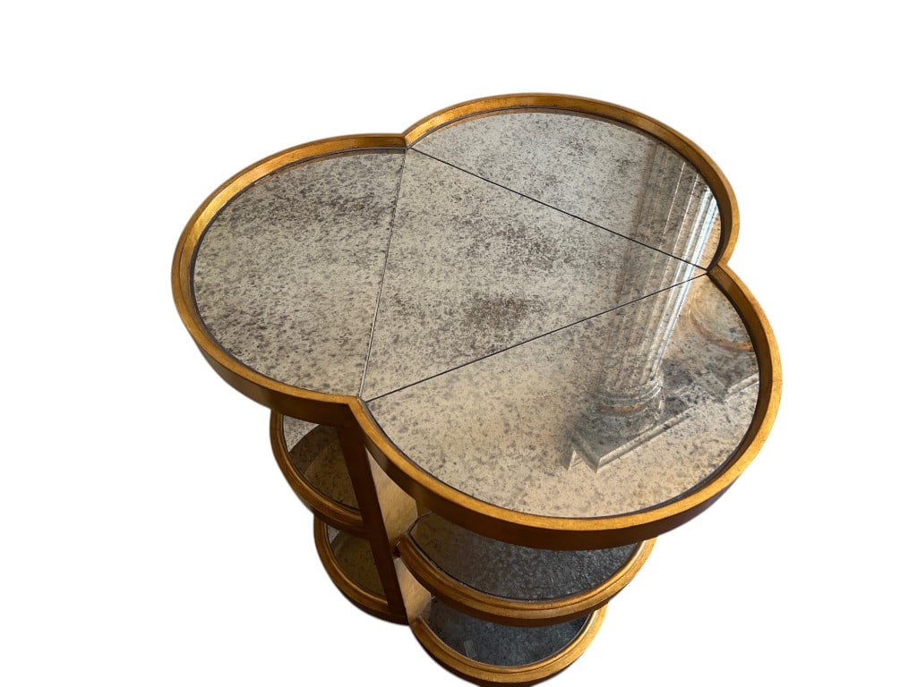 $4,000+ Rue Royale Marge Carson Clover-Shaped Gilt and Antiqued Mirror Three-Tier Tall Table, 36": $4,000+ Rue Royale Marge Carson Clover-Shaped Gilt and Antiqued Mirror Three-Tier Tall Table Featuring a distinctive clover-shaped silhouette and three tiers, each topped with antiqued mirrored glass.