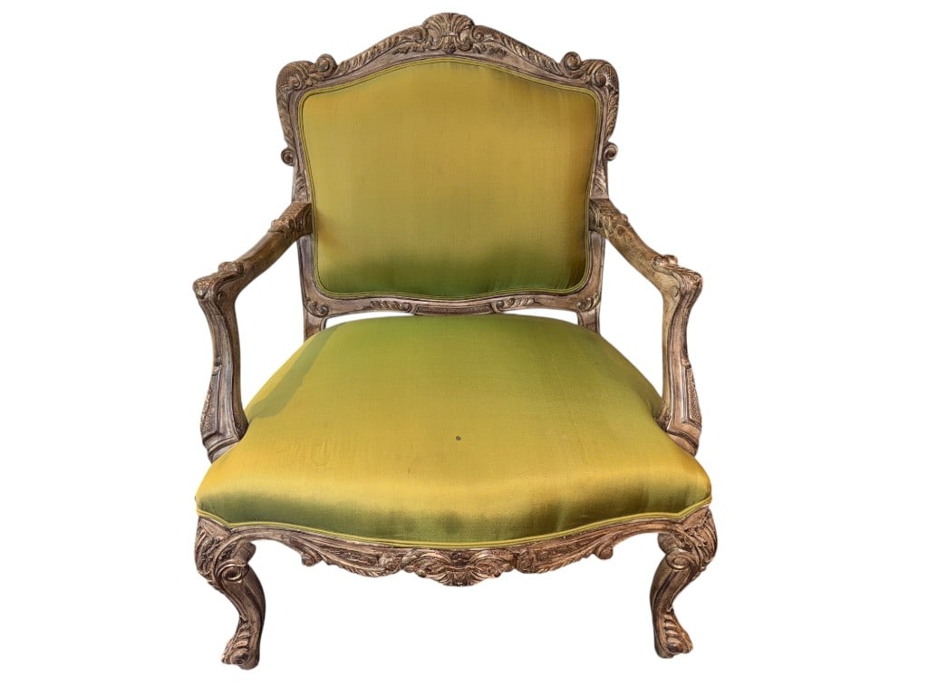 Carved Wood Armchair with Custom Silk Green Upholstery Fabric, 41": Gorgeous carved wood armchair featuring ornate scrollwork and detailed motifs across the top, arms, and legs. Custom silk upholstered in a green fabric with subtle gradient effect, the chair has a wid