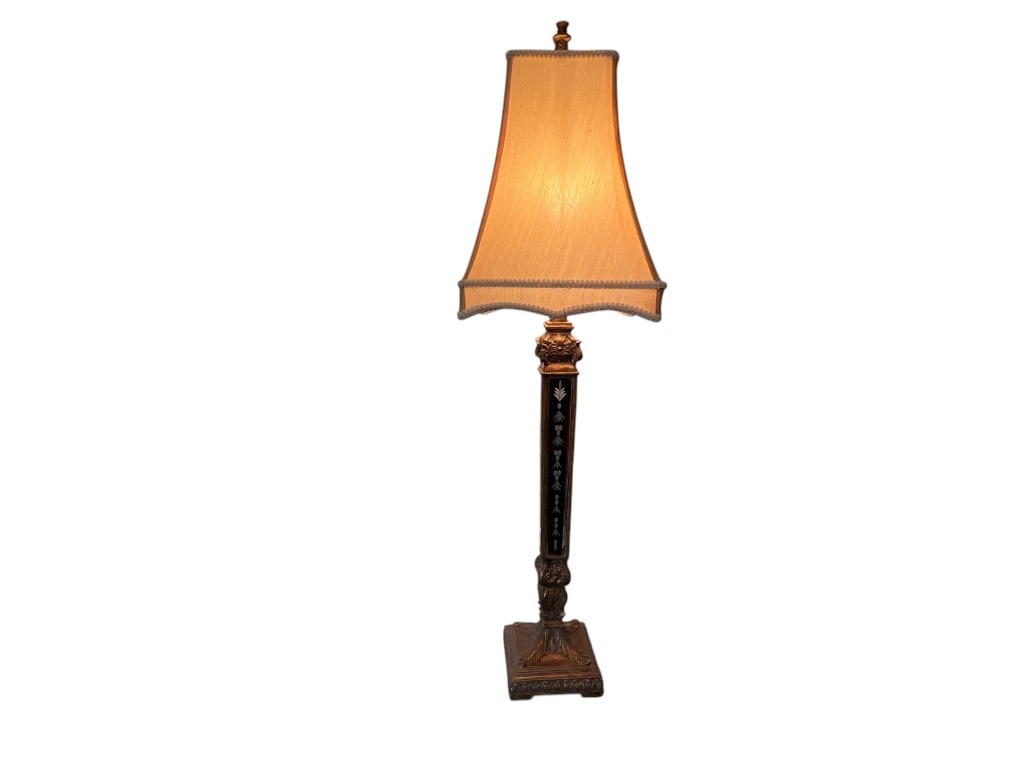Tall Ornate Mirrored Table Lamp with Shade, 38": Tall mirrored table lamp featuring an ornate base with intricate scrollwork and floral motifs. The lamp includes a cream-colored tapered fabric shade, adding elegance to its overall design. The lamp s